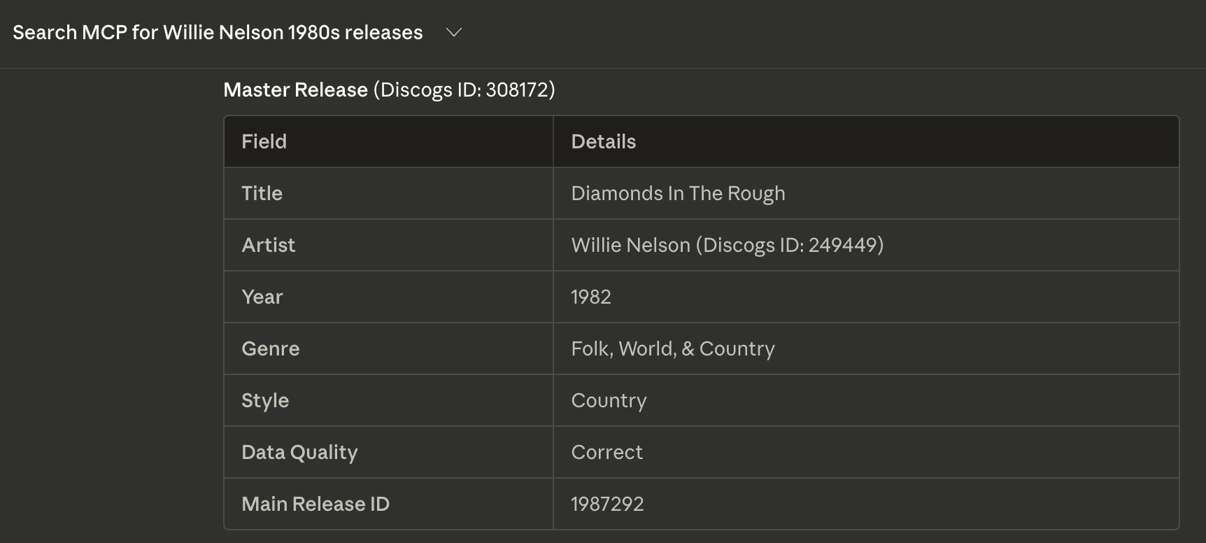 First MCP result: Willie Nelson - Diamonds In The Rough, queried live via Claude Code MCP